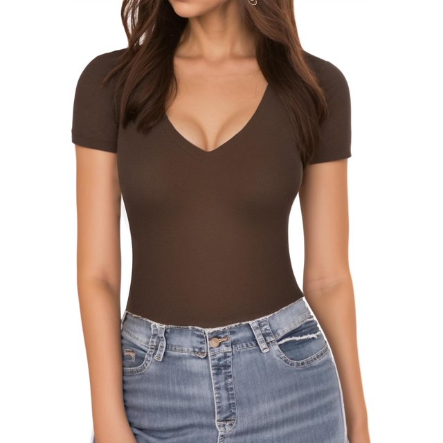 MANGOPOP Body de Manga Corta con Cuello en V Profundo y Manga Larga para Mujer Ropa