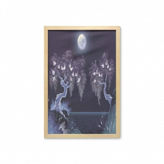 Nature Wall Art with Frame, Vibrant Full Moon by the Lake Night Dramatic Spooky Background Mystic Scene, Printed Fabric Poster for Bathroom Living Room, 23" x 35", Purple, by Ambesonne