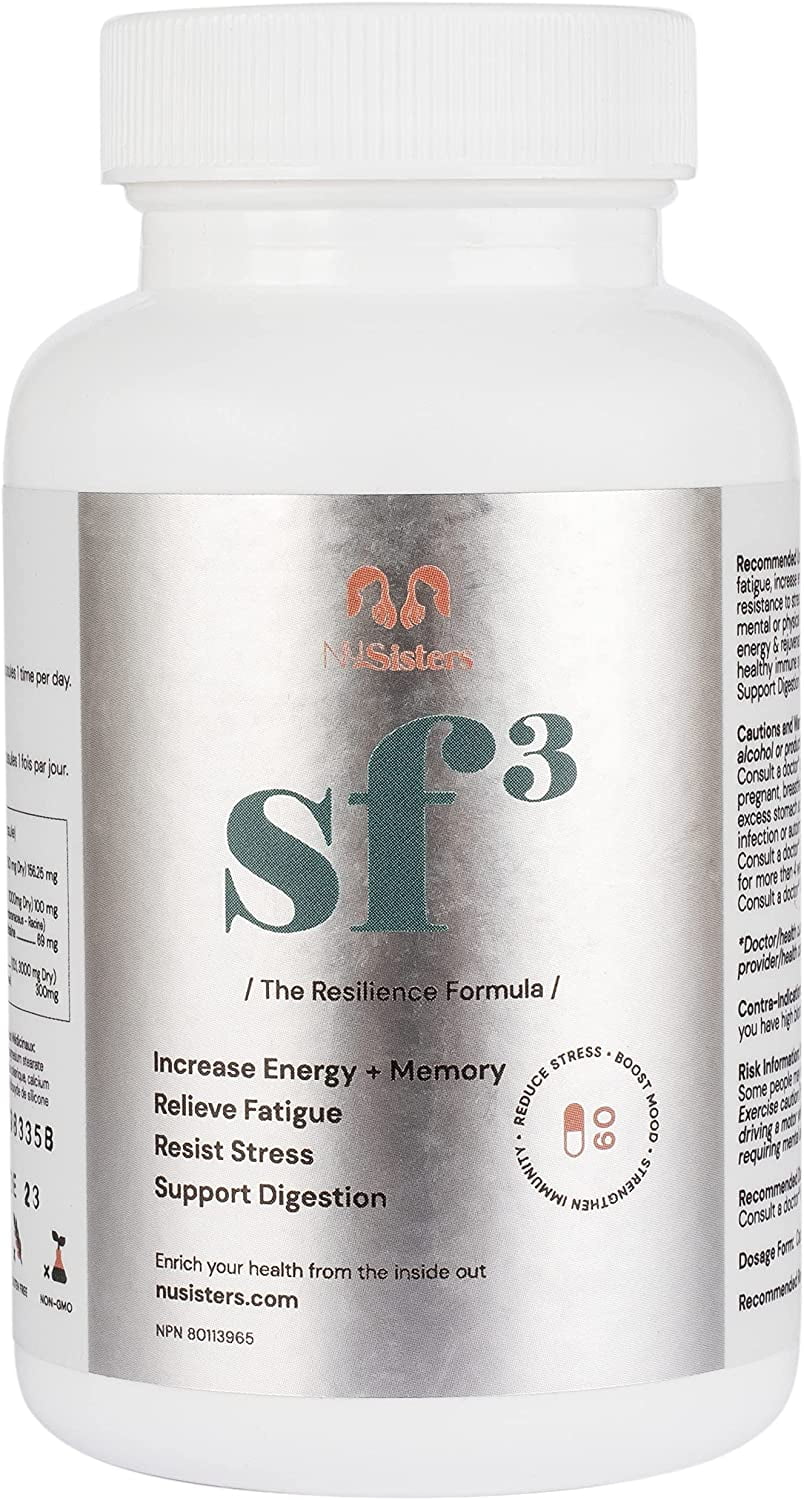 NUSISTERS NuSisters Stress Free 3 (SF3), Resilience Formula, Memory Enhancer, Increases Energy + Resistance to Stress, Healthy immune system, Improve sleep - Health Canada Licensed NPN #80113965 (60 Capsules)