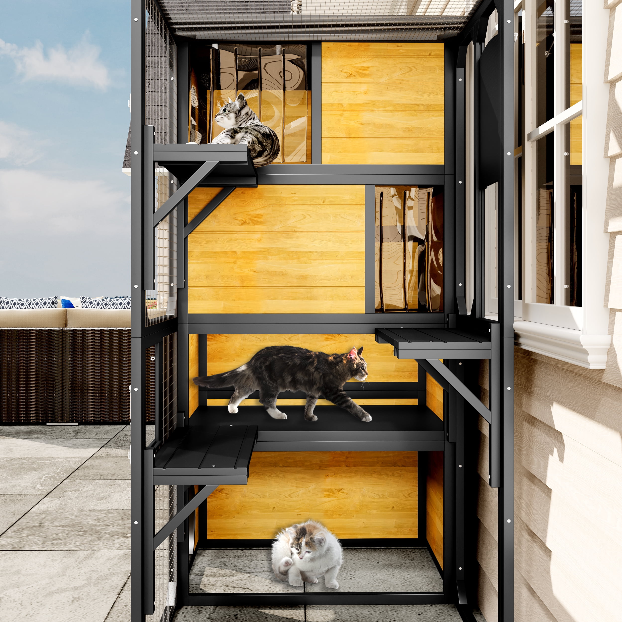 YIORTWO Large Outdoor Catio, 4-Tier Wooden Cat Enclosure Attached to Window, Weatherproof Cat House with Platforms & Resting Rooms, Brown&Black