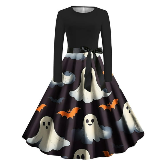 Women's Casual Halloween Dress Printed Long Sleeve Womens Round Neck Slim Dress