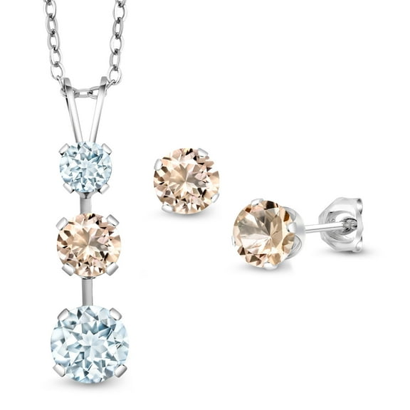Gem Stone King 925 Sterling Silver Sky Blue Aquamarine and Peach Morganite Pendant and Earrings Jewelry Set for Women (2.20 Cttw, Gemstone March Birthstone, with 18 inch Chain)