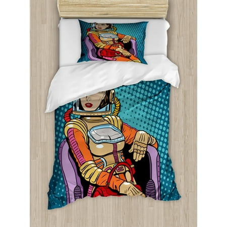 Astronaut Twin Size Duvet Cover Set Retro Inspired Space Lady
