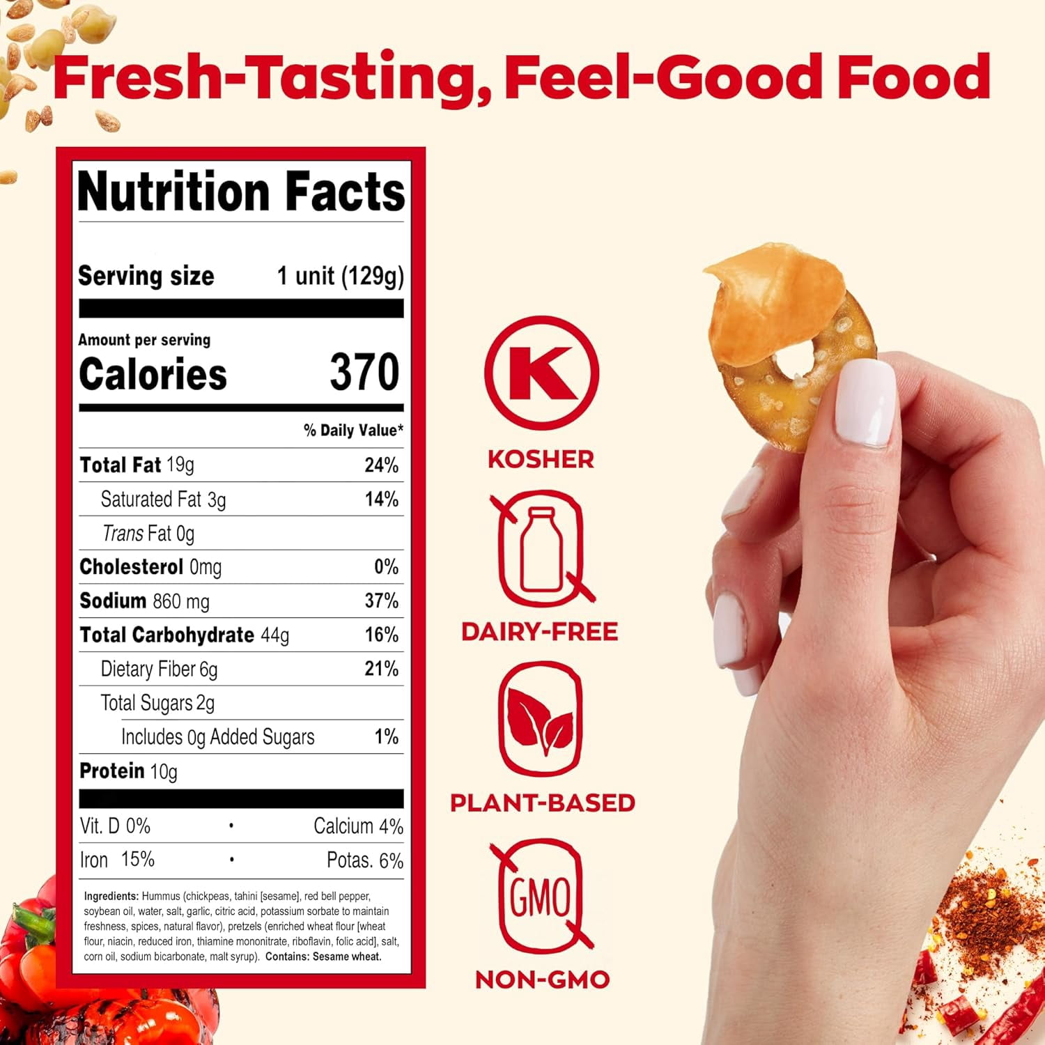 Sabra Smart Snackers Roasted Red Pepper Hummus Dip with Pretzels, Non-GMO, Gluten Free, Vegan on the Go, 4.56oz Cup (1 Count)