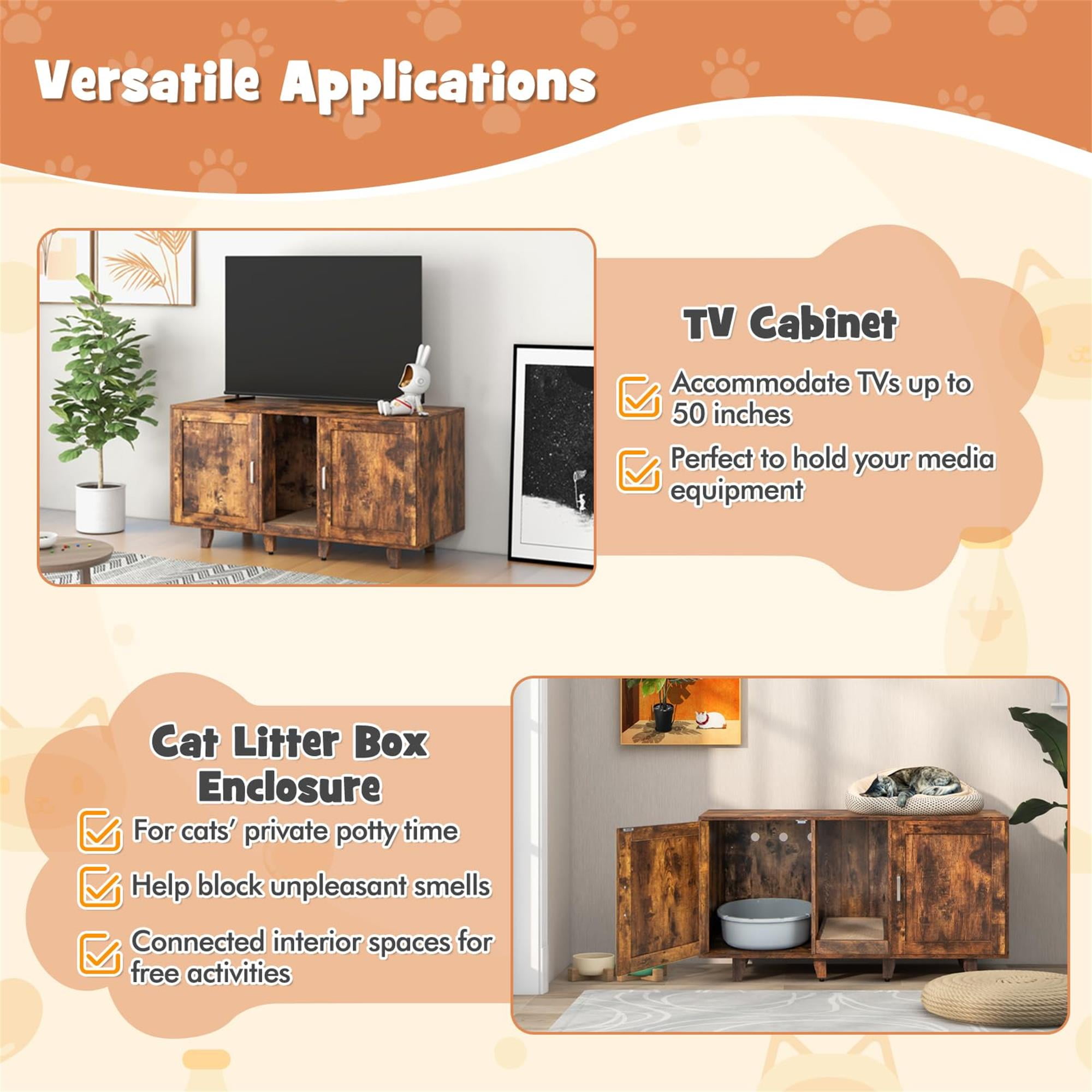 Kadyn 47" 2-Door Cat Litter Box Enclosure with Winding Entry and Scratching Board, Hidden Cat House Washroom Furniture, Dark Brown