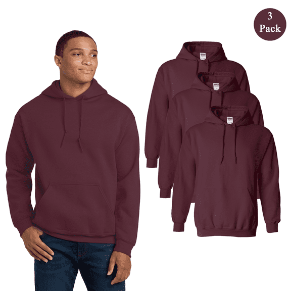 Gildan Heavy Blend Pocket Hoodie, Men's Long Sleeve Pullover Hooded Sweatshirt, Maroon, 3-Pack, S