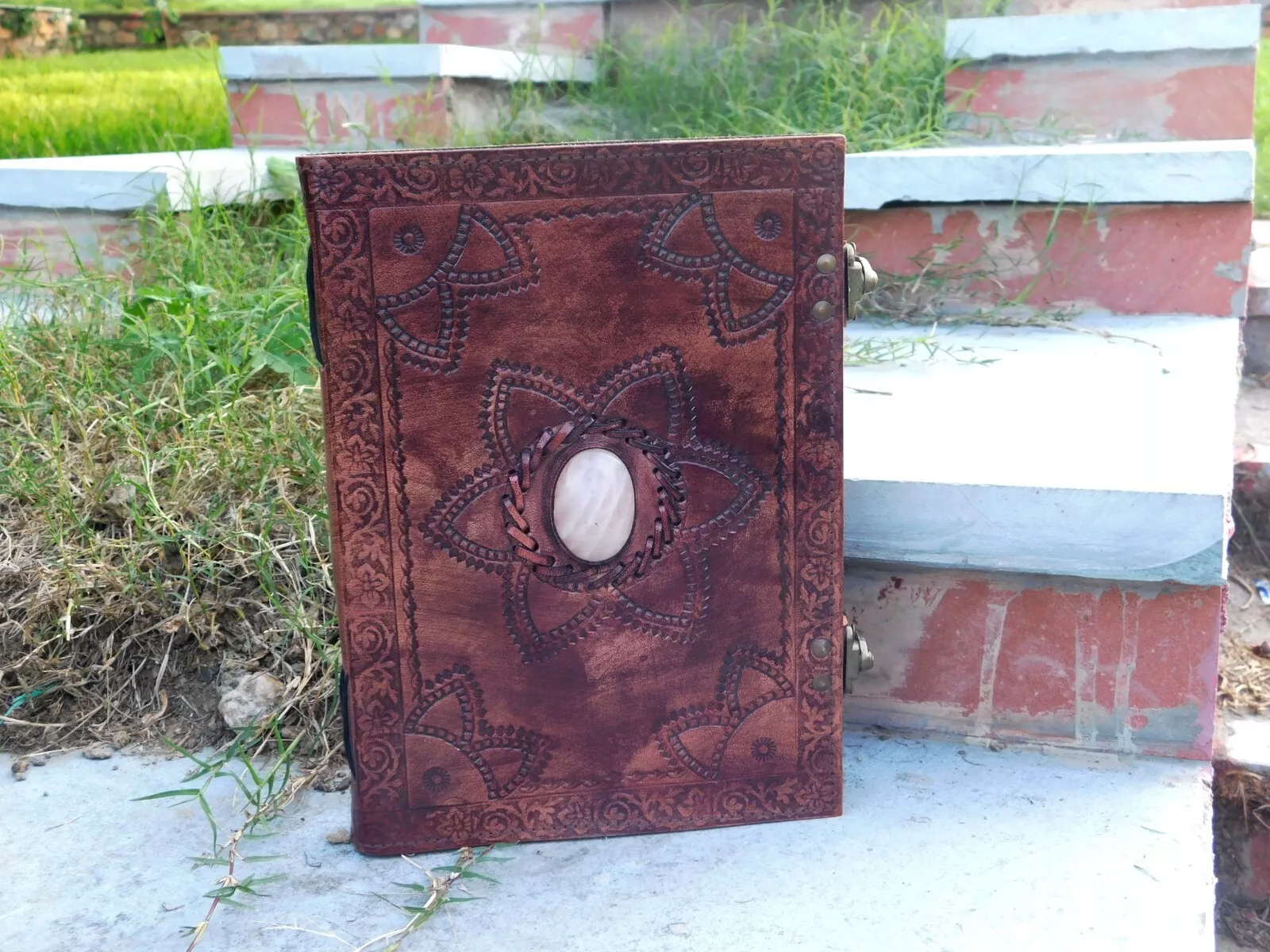 Handcrafted Embossed Design Vintage Leather Bound Journal Diary Rose Quartz Stone Antique Style Notebook For Men & Women Office Stationary Use