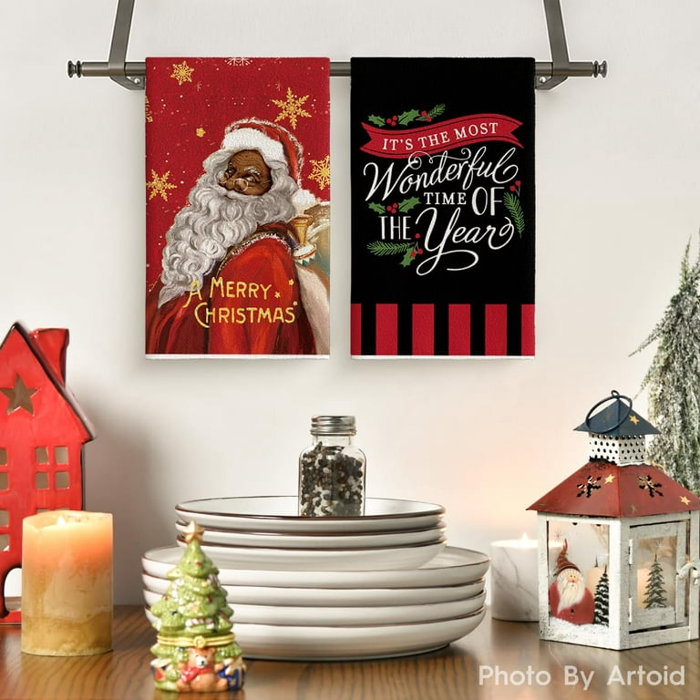 African American Black Santa Kitchen Towels And Dish Towels, 18 X 26 Inch  Heilwiy Christmas Winter Xmas Holiday Ultra Hs
