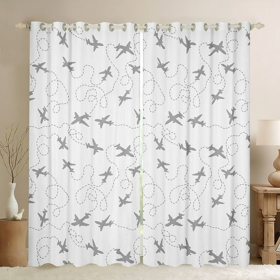 Homewish Aircraft Black Out Curtains,Kids Airplane Print Curtains Pack of 2 (42x63 Each),Gray White Bedroom Curtains For Boys Teens,Breathable Home Decor