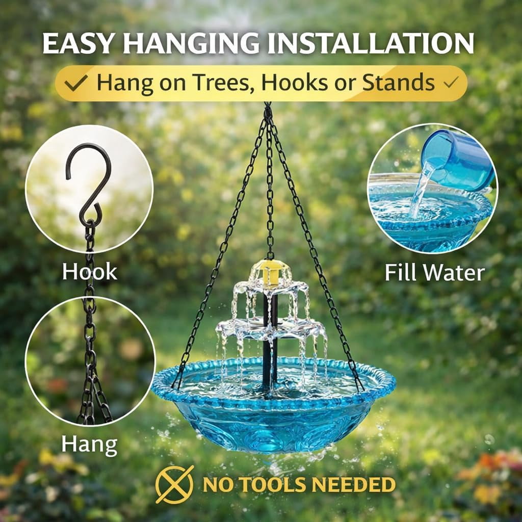 Solar Cascad Hanging Bird Bath Fountain, Powered Cascading Bath, Outdoor Fountains, with Fountain (Blue) Blue