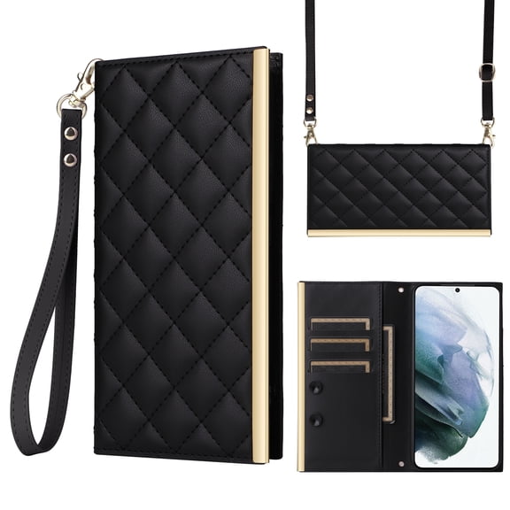 Desugned For Samsung Galaxy S21 Wallet Phone Case,With Suction Cup Fastener,Flip Folding Kickstand,With Card Slots,Wrist Strap&Shoulder Strap,Shockproof PU Leather Phone Case,Black