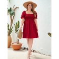 thumbnail image 6 of Plus Size Women Casual Dress Square Neck Puff Sleeve Smocked Waist Flowy Short Dress for Vacation Wine Red L, 6 of 10