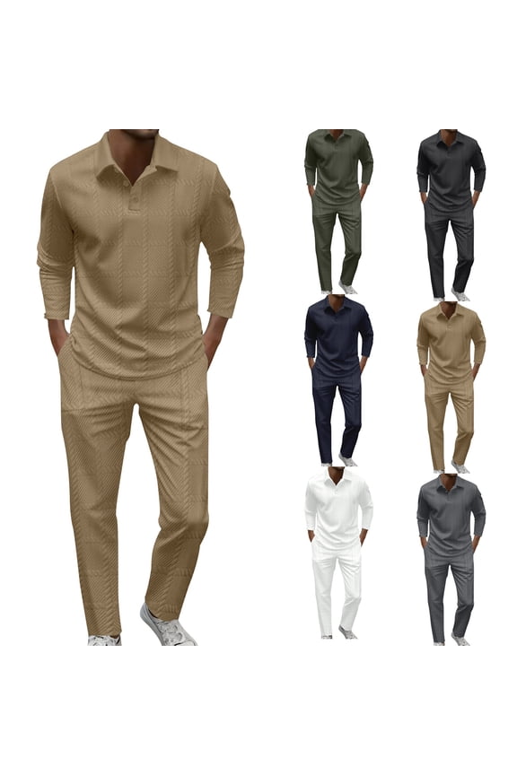 Mens 2 Piece Set Casual Outfits Lapel Button Long Sleeve Shirt & Pants Drawstring Track Suit White