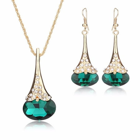 Copper Crystal Earrings - Moochi 18K Gold Plated Copper Waterdrop Shape Crystal Pendent Necklace Earrings Jewelry Set