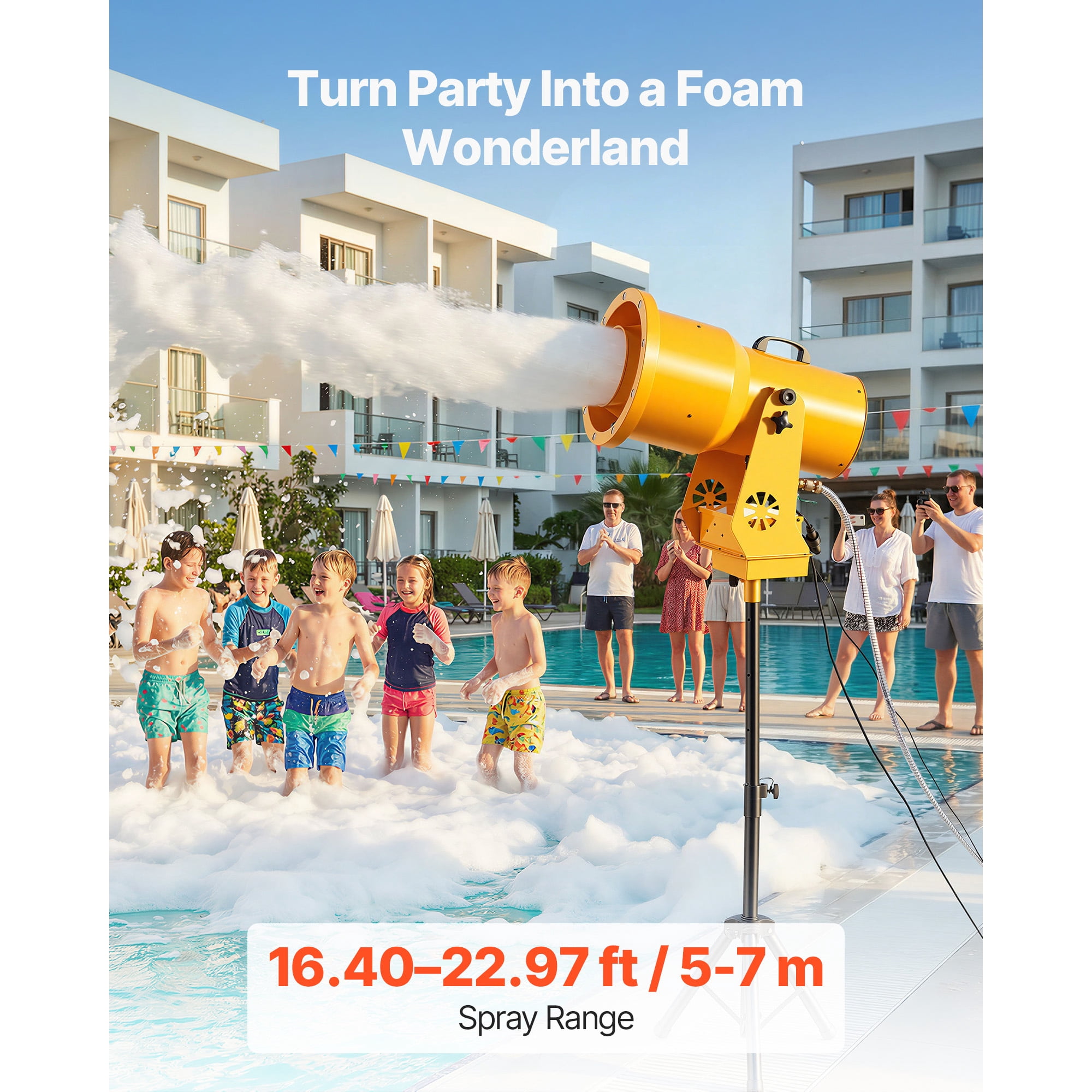 KFFKFF Foam Machine with Automatic Oscillation, Bubble Maker with Fan, LED Lights, and Stable Triangular Design for Events, Outdoor Fun, and Celebrations