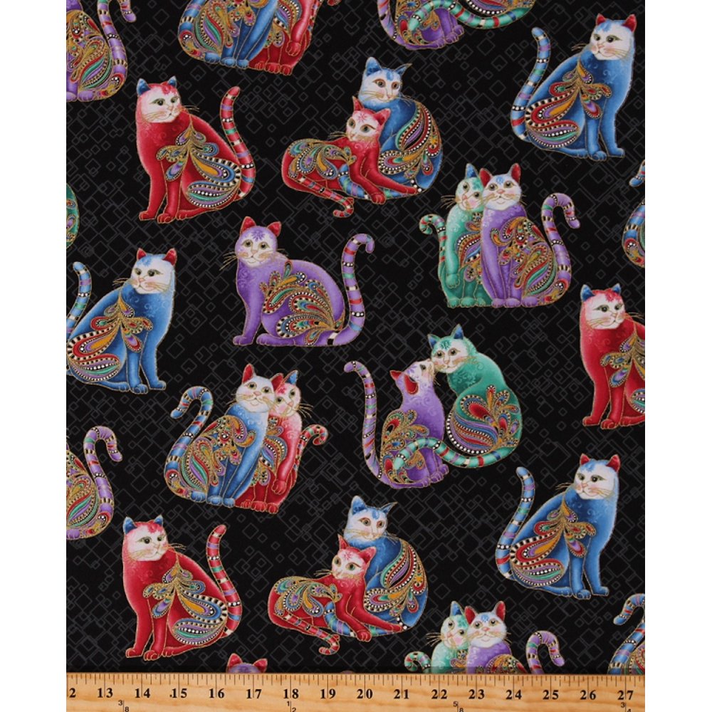 Cotton Playful Cats Whimisical Felines Animals Colorful Paisleys Gold