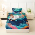 thumbnail image 4 of jejeloiu Cartoon Tropical Fish Twin Sheets,Watercolor Coral Seabed Bedding For Boys,Teal Navy Blue,3pcs,1 Fitted Sheet and 1 Pillowcase, 4 of 6