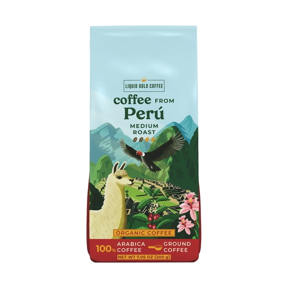 Liquid Gold Organic Coffee from Peru, Medium Roast Ground, 1 Bag 7.05 oz (200 Grams), Fairtrade, Single Origin Specialty Coffee From El Palto Farm, 100% Arabica Beans, Small Batch Roasted in USA