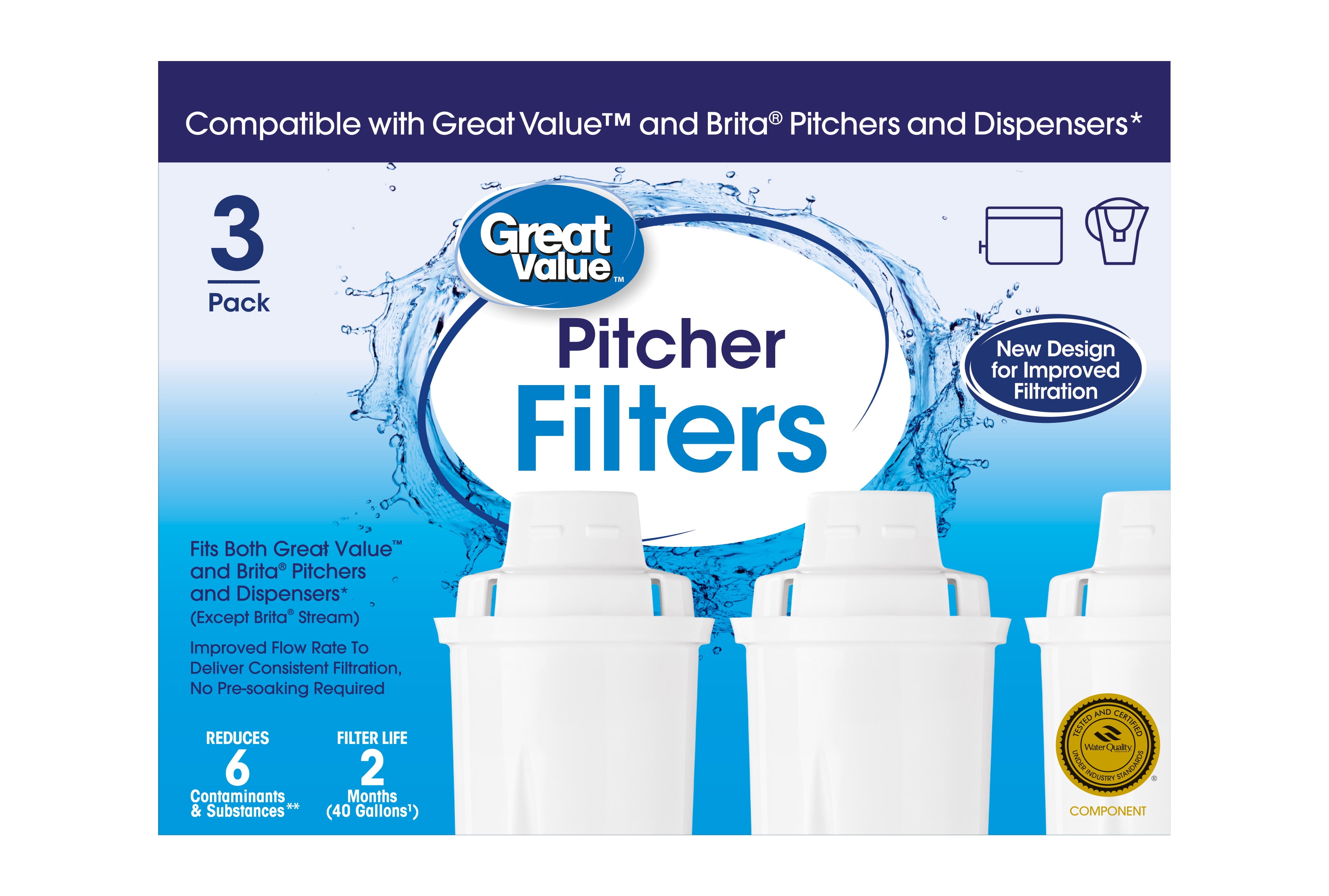 (2 pack) Great Value Water Filters, Fits Great Value & Brita Pitchers, Replacement 3 Pack