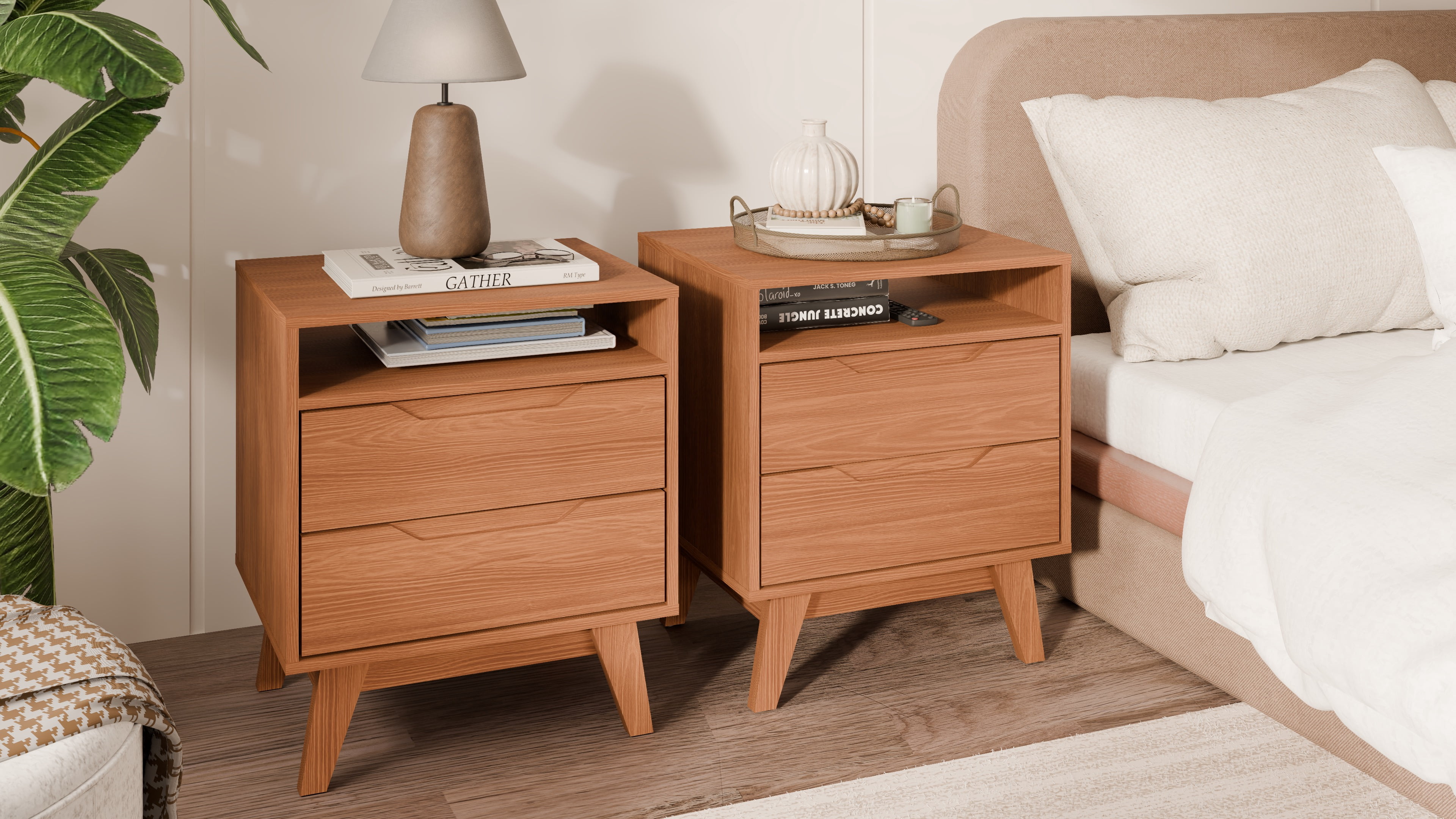 Kappesberg Paris 2-Piece Nightstand Set with 2 Drawers Open Shelf and Built-In Handles Gloden Oak – Modern Bedroom Storage