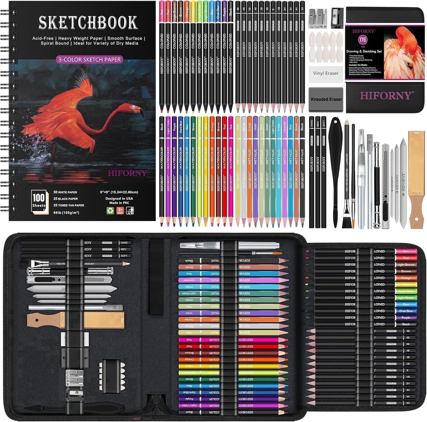 MIKOUJOS 72 Pcs Drawing Pencils and Sketch Kit, Graphite, Charcoal
