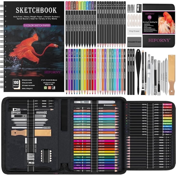 HIFORNY 176 PCS Art Supplies Drawing Set Sketching Kit with 100 Sheets 3-Color Sketchbook,Graphite Colored Charcoal Watercolor & Metallic Pencils,Blending Tools and More, for Beginner Artists