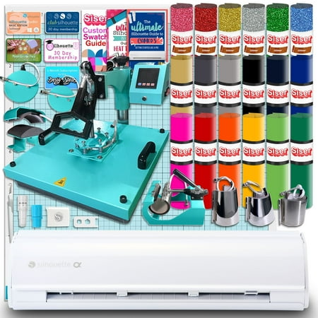 Silhouette White Cameo 5 Alpha w/ 8-in-1 Turquoise Heat Press & Siser HTV