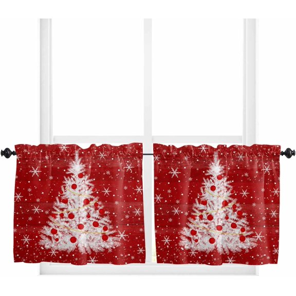 Red Christmas Tree Kitchen Curtain 2 Panels Tiers Curtains 24 Inch Length, Vintage Balls Snowflake Xmas Tree Curtains Rod Pocket Curtains Window Drapes Treatment Window Cafe Curtains