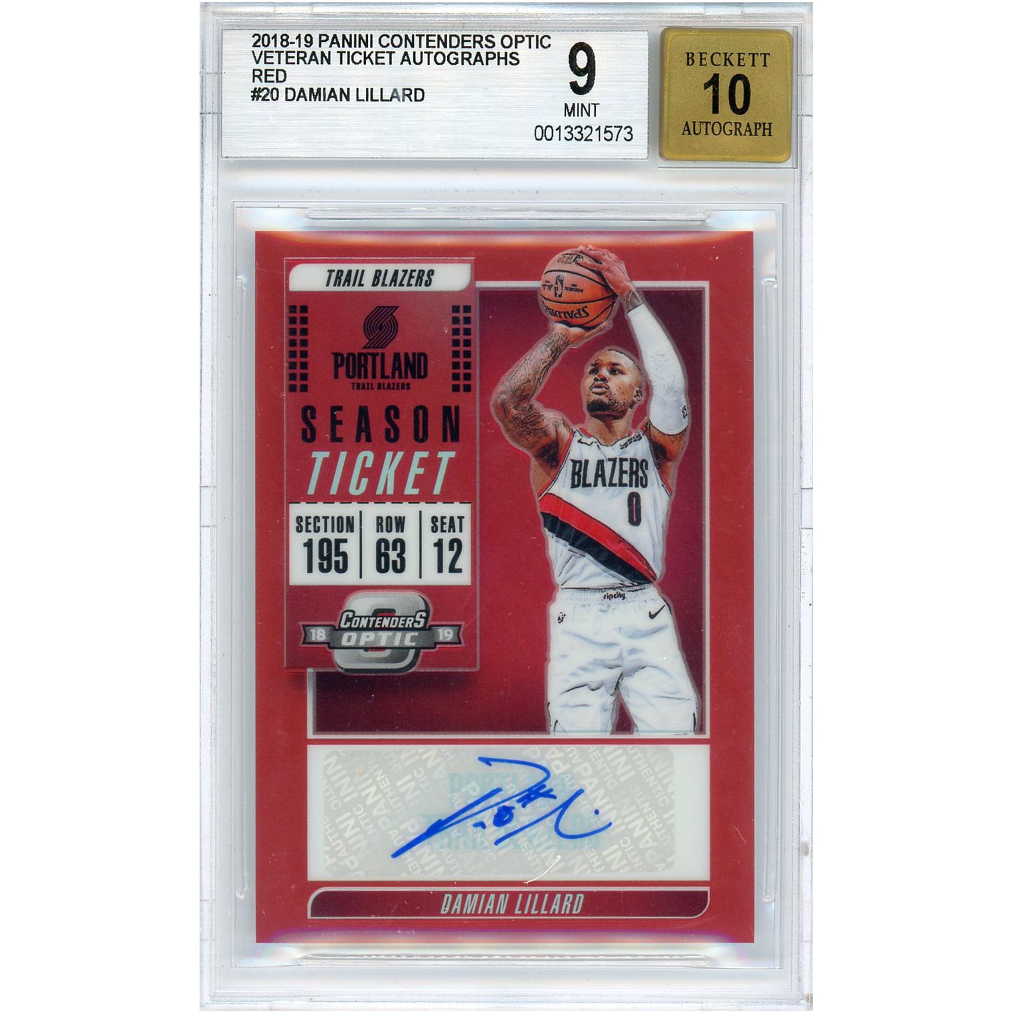 Damian Lillard Portland Trailblazers Autographed 2018-19 Panini Contenders Optic Red #20 #37/49 BGS 9/10 Card - Panini - Fanatics Authentic Certified