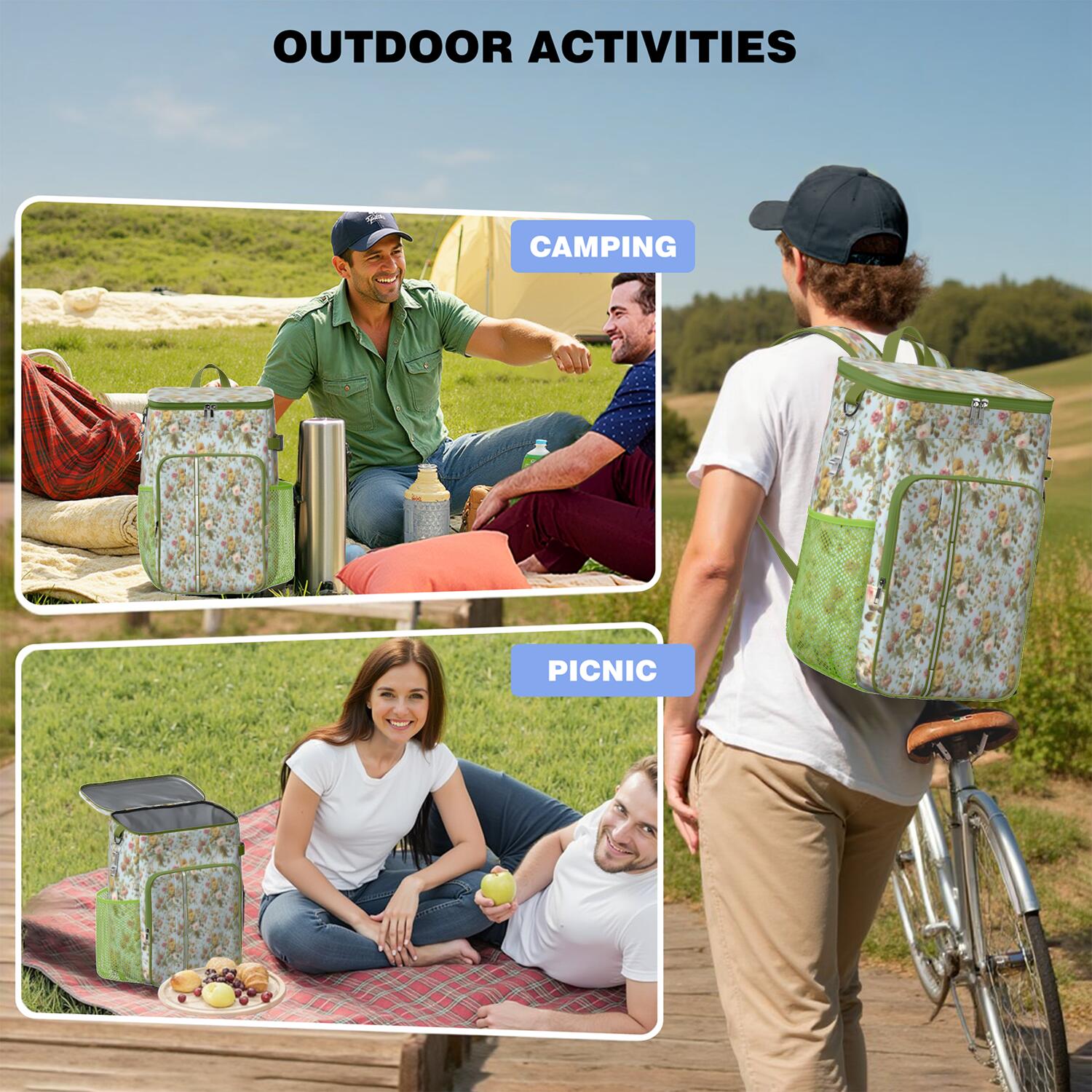 Travel Cooler Bag - Pioneer Flower Floral Print Pattern Camping Beer Cooler Backpack with Bottle Opener- Waterproof Insulated Picnic Backpacks - Cooler Bag for Beach