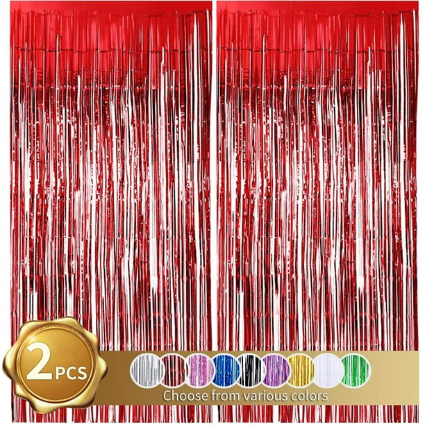 2 Pack Foil Fringe Curtains Red Photo Backdrop Streamer Tinsel Metallic Curtains Photo Props