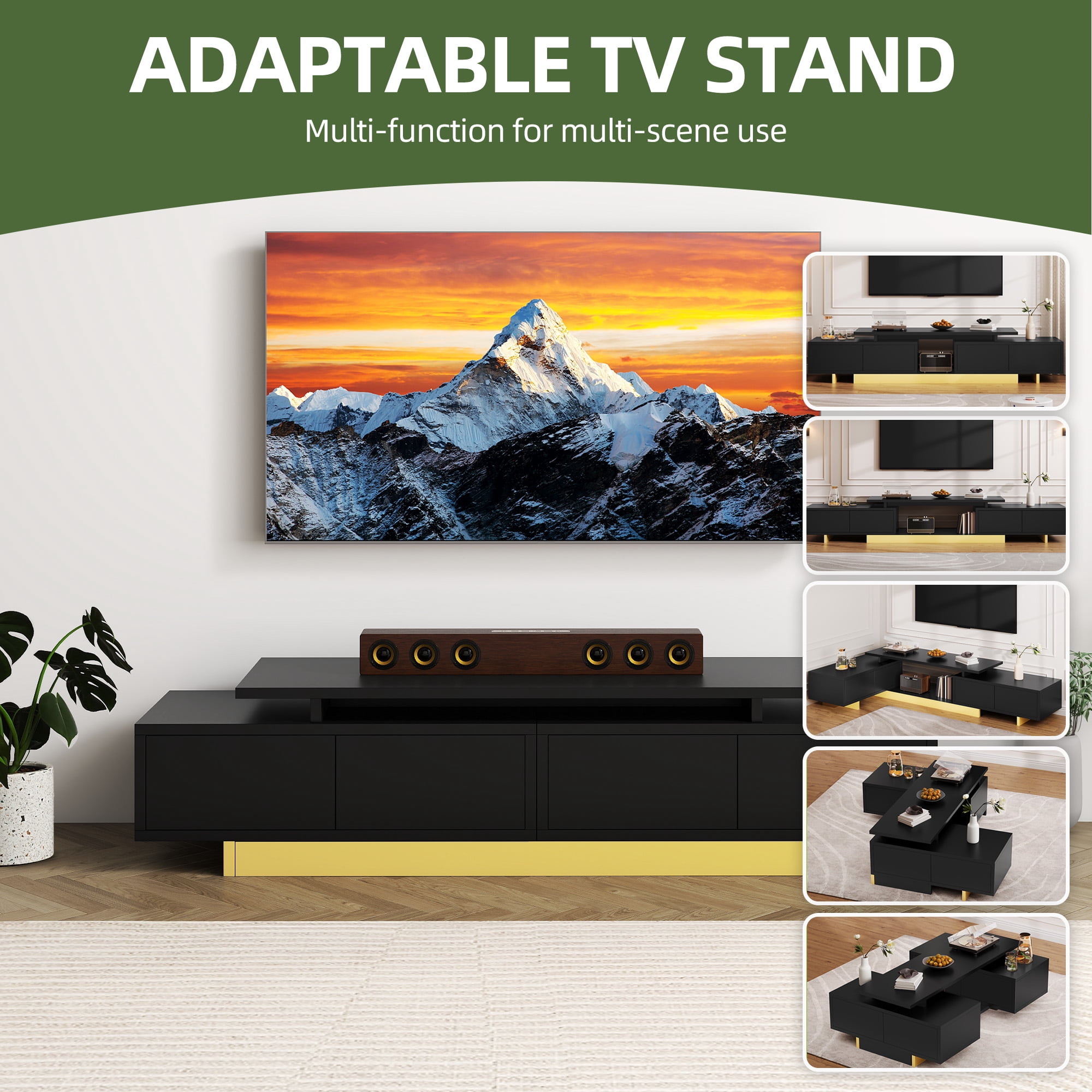 Uforic Modern TV Stand for Living Room w/ Ample Storage, Extendable Entertainment Center 63" to 89", Black