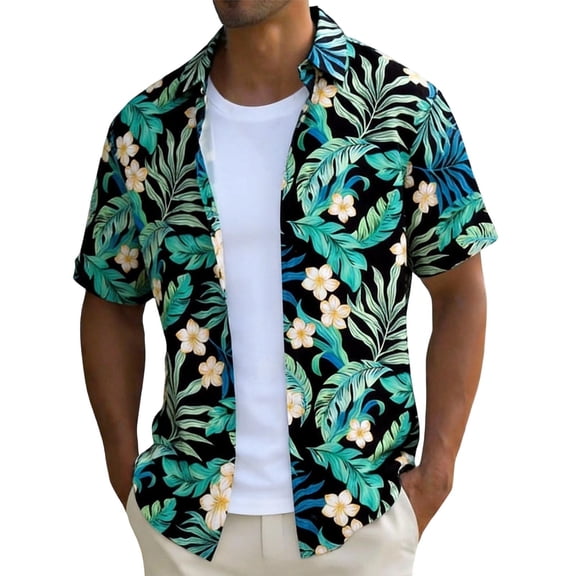 GUZOM Mens Hawaiian Shirt Short Sleeve Aloha Tropical Floral Button Down Camp Collar Polyester Multicolor,Size XL