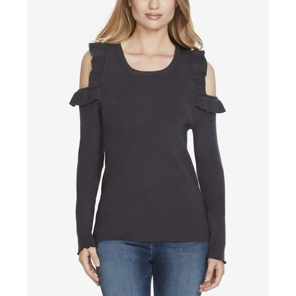 Jessica Simpson Juniors Ruffled Cold Shoulder Sweater Dark Grey XS