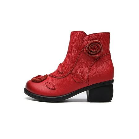 

GENILU Womens Comfort Round Toe Winter Shoes Breathable Chunky Heel Office Anti-Slip Ethnic Style Bootie Red 5.5