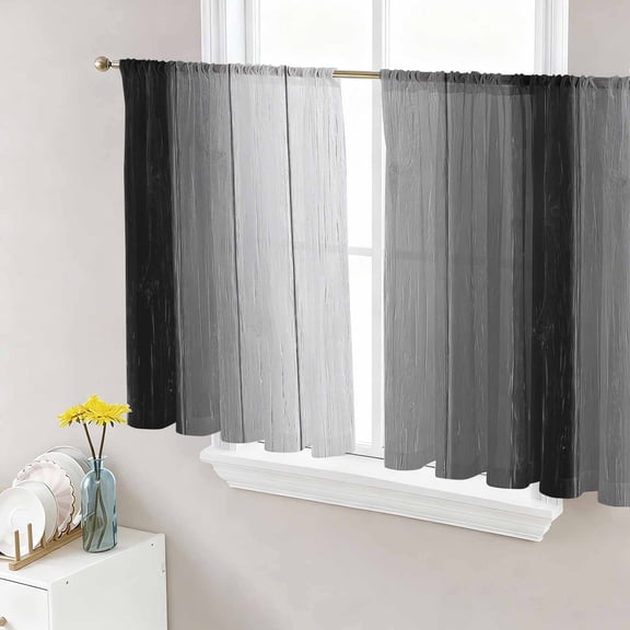 Black Gray Ombre Semi Sheer Window Curtains 45 Inches Long, Vintage Country Wooden Rod Pocket Voile Silky Chiffon Curtain Light Filtering Drapes for Living Room, Kitchen, Bedroom, 52"x45", 2 Panels