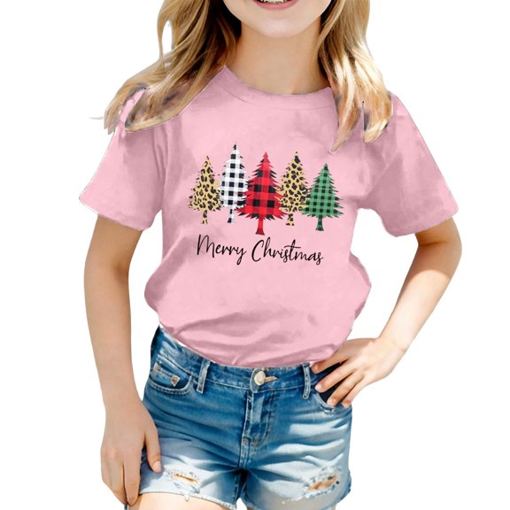 Bainana Christmas Girls T Shirts Santa Tree Letter Print Short Sleeve Tees Cozy Festival Tops Clothes