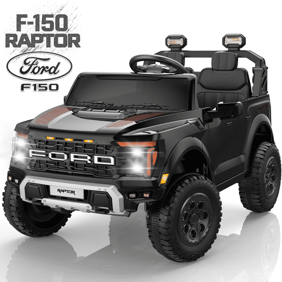 Conchico 24V Licensed Ford F150 Raptor Battery Powered Ride on Truck with Remote Control, 2-Seater and Rear Trunk for Toddlers Kids Ages 3-8 Gift, Black