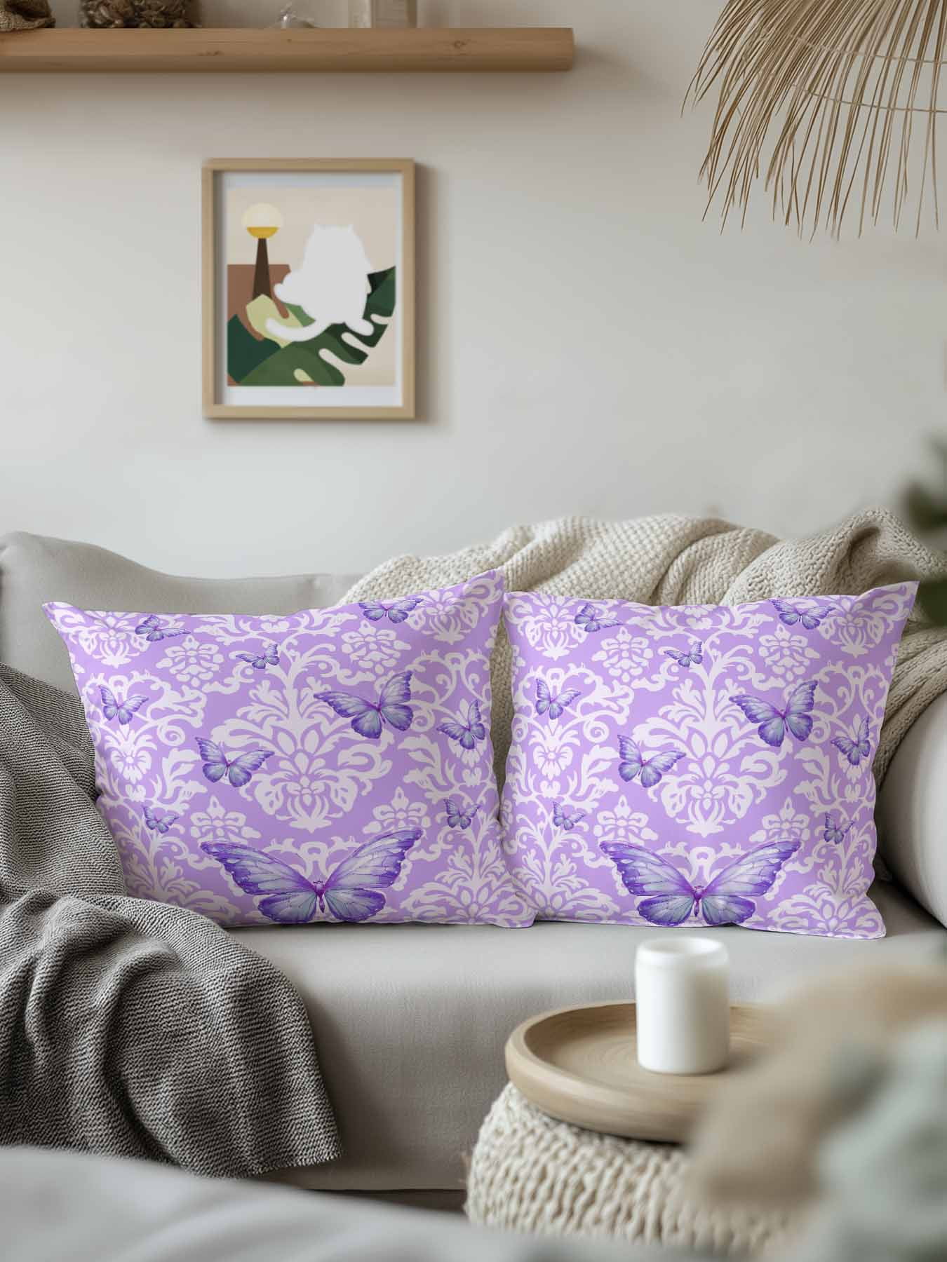 1 Pack Outdoor Throw Pillow, Purple Butterflies Flowers Waterproof Pillow with Insert Included, Boho Vintage Floral Botanical Decorative Accent Cushion Sofa Pillows for Patio Porch, 18 x 18 In