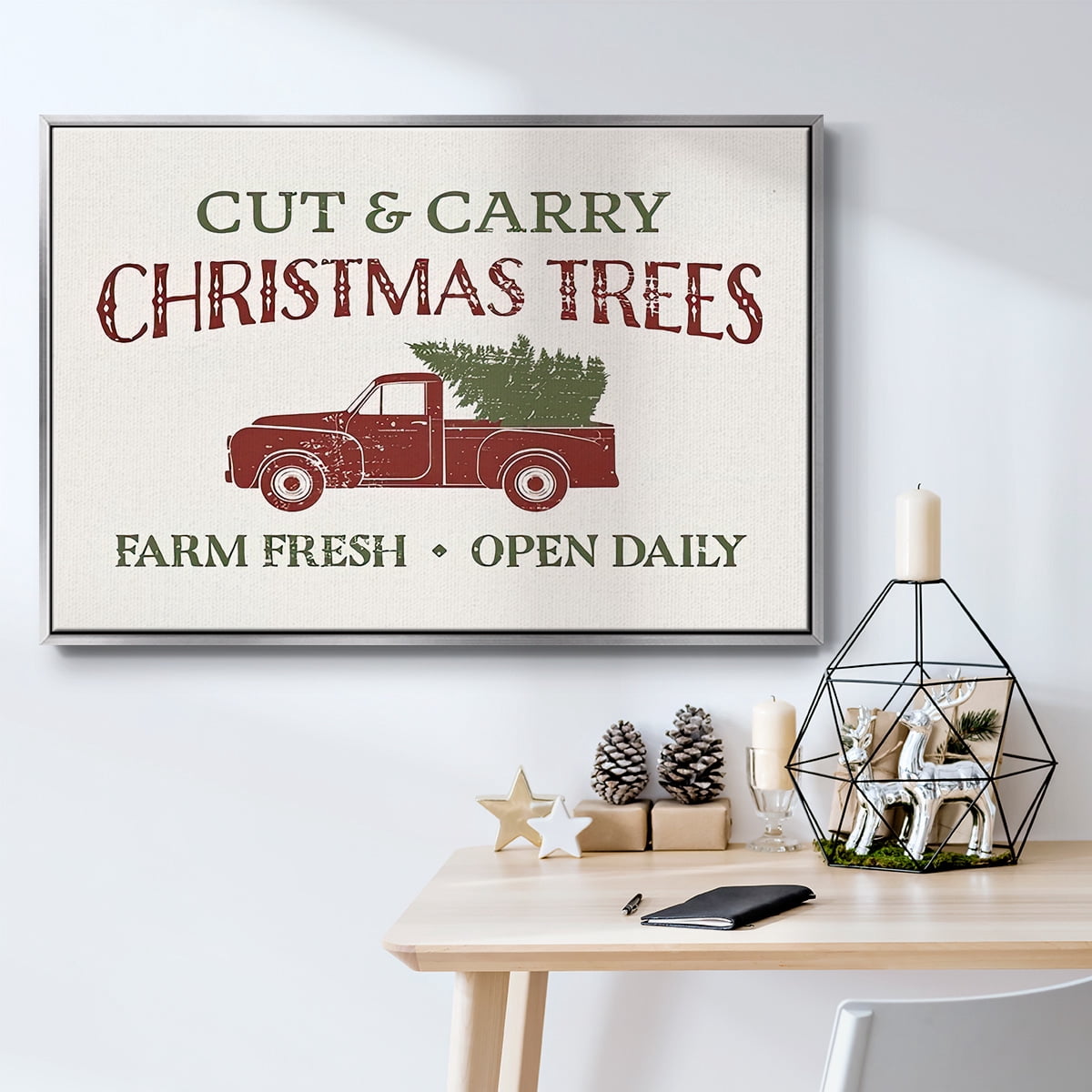 Christmas Farm Sign II - Framed Gallery Wrapped Holiday Canvas - 17 x 25 - Silver Frame
