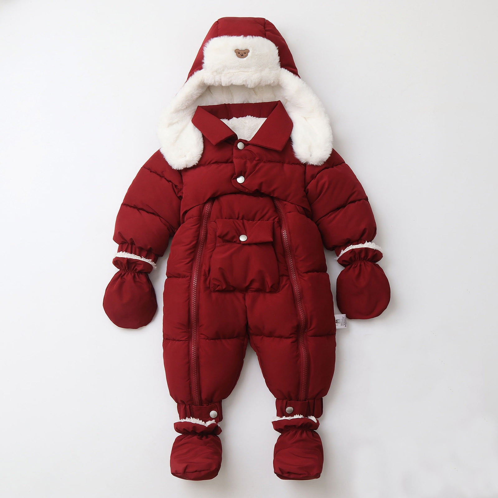 Winter Warm Bodysuit Solid Cute Bear Hooded Puffer Romper Boys Girls Snowsuit One Piece Jumpsuit