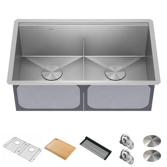 KRAUS Kore 30” Undermount Workstation 16 Gauge Stainless Steel Double Bowl Kitchen Sink with Accessories