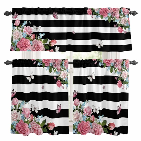 Pink Flowers Kitchen Curtains Sets for Windows 24 Inch Length, Spring Floral Butterflies Black White Striped Farmhouse Rod Pocket Window Treatments Tier Curtains and Valances Set for Bedroom/Bathroom