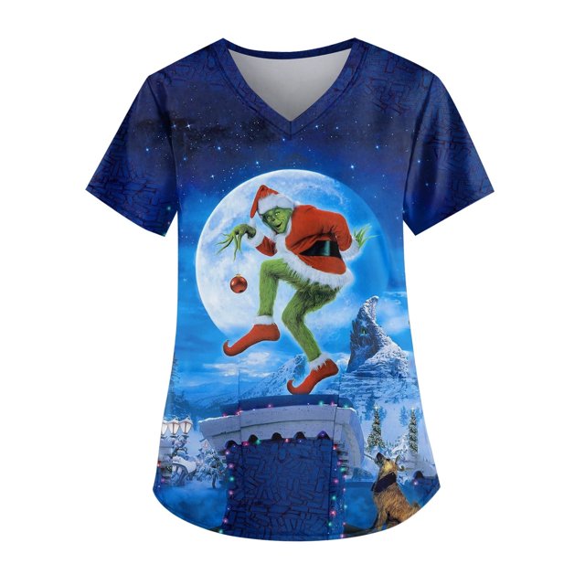 Uniforme de enfermería MIARHB, talla grande, estampado navideño, uniforme de trabajo, blusa para mujer, cuello en V cruzado, estampado de gorritas tejidas, manga corta, 2 bolsillos, azul/3XL