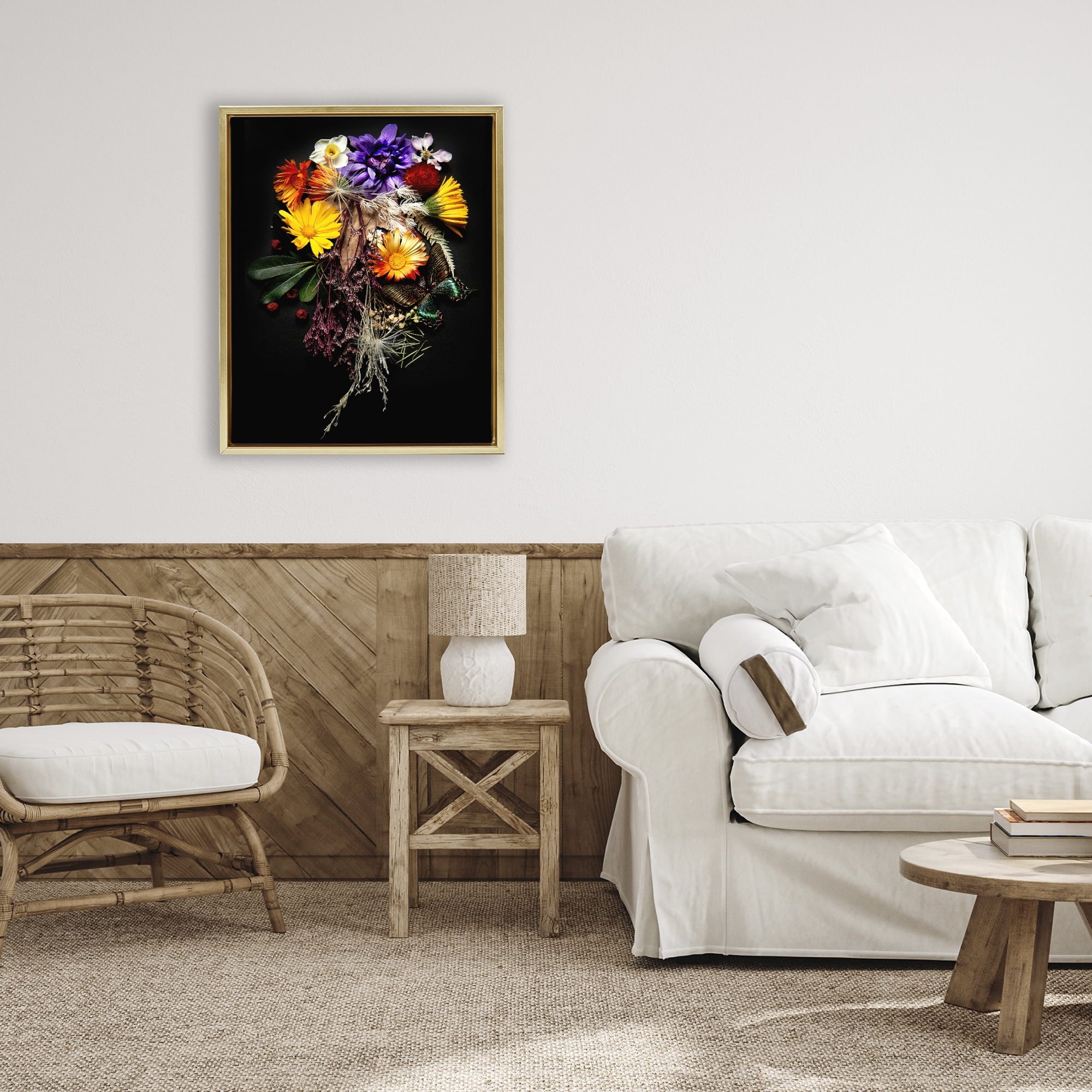 Stupell Industries Butterfly Adorned Arrangement Gold Framed Floater Canvas Wall Art, design by Carl Kravats