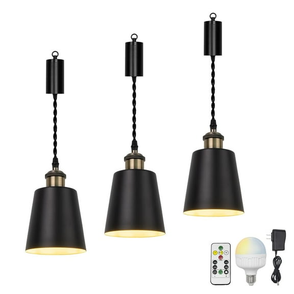 KAYYELAMP 3Pcs Remote Dimmable Rechargeable Battery 3.2Ft Adjusted Cord Hanging Light Bronze Base Black Metal Barrel Lampshade Vintage Design for Home Kitchen Bedside