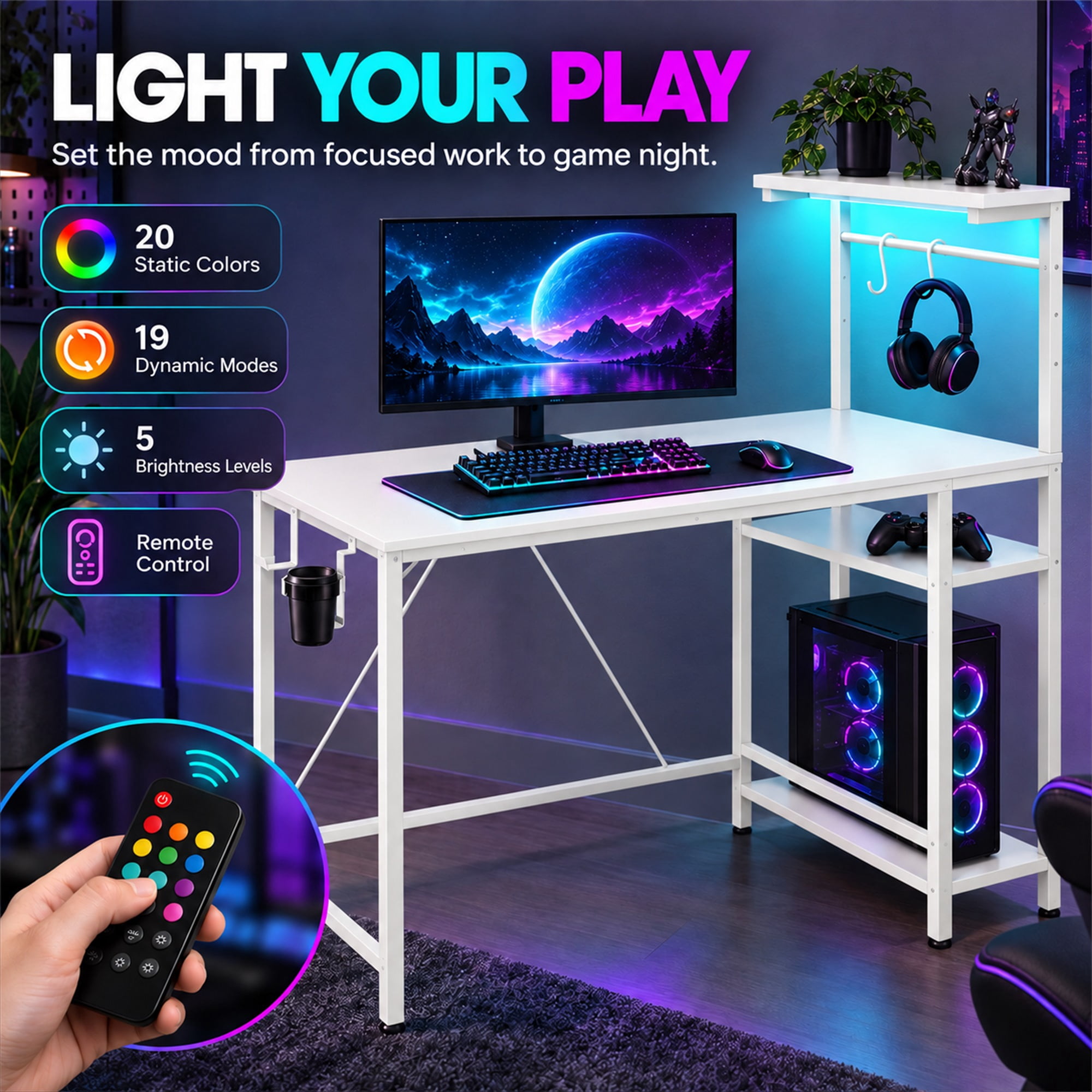 CloudRest Pro 44 Inch Gaming Desk with RGB LED Lights, Reversible Computer Desk with 4-Tier Storage Shelves, Cup Holder and Headphone Hook, White