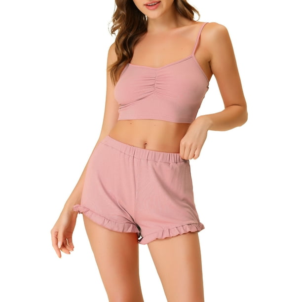 Conjunto de pijama para mujer INSPIRE CHIC, camiseta de tirantes ajustada de punto con pantalones cortos, 2 piezas, ropa de casa, gris claro y rosa