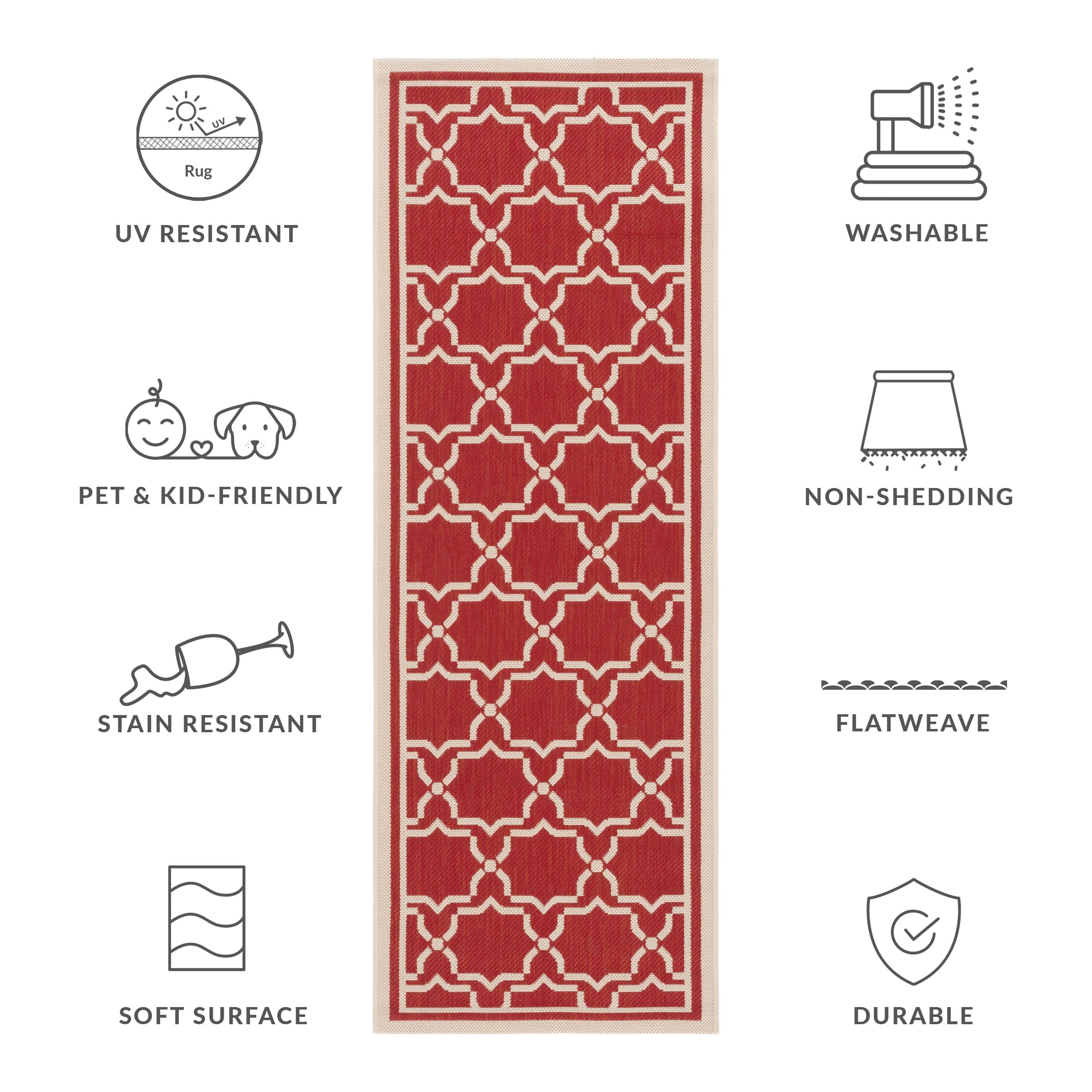 SAFAVIEH Courtyard Allison Geometric Bordered Indoor/Outdoor Runner Rug, 2'3" x 8', Red/Bone