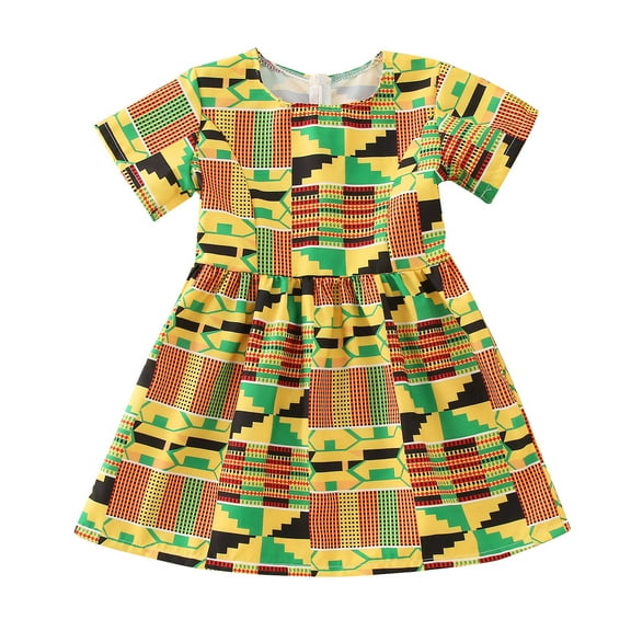 Girls Dresses Summer African Dashiki Traditional Style Short Sleeve Round Neck Dress Ankara Princess Dresses Outfits Flower Girl Dress,Size 5 Years-6 Years